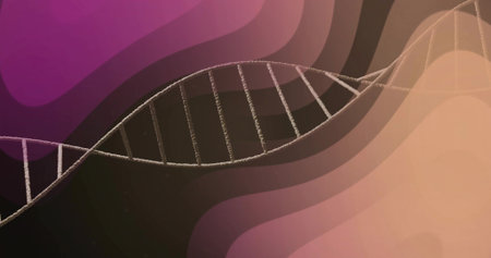 Curving stylized DNA double helix ribbon spanning digital illustration, with layered gradient bands....