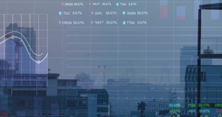 Displaying market charts merging with hazy skyline at glass window with crane, palm, tower, tickers....