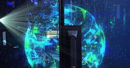 Displaying rack front with central handle and hexagonal-mesh door in server room, showing lit globe....