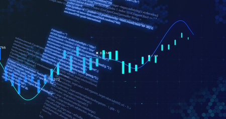 Displaying teal candlestick chart tracing smooth trend line on dark dashboard showing code labels....