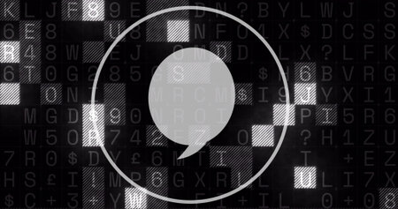 Displaying centered speech bubble with thin ring circling it on tiled grid, showing data symbols....