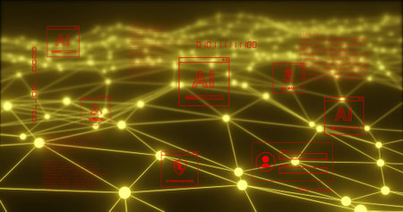 Glowing network mesh pulsing across cyberspace, showing yellow nodes, red AI SYSTEM HACKED GUI....
