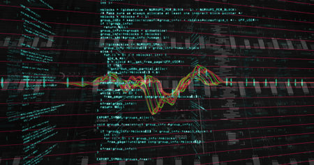 Floating waveform overlaying teal source-code text in dark 3D dashboard, showing red grid....