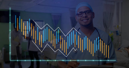 Holding tablet, doctor in scrubs reviewing patient in ward with stethoscope and overlaid chart....