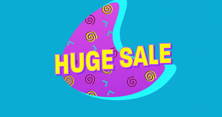 Featuring purple shape with cyan outline, spiral motifs and HUGE SALE text on turquoise banner....
