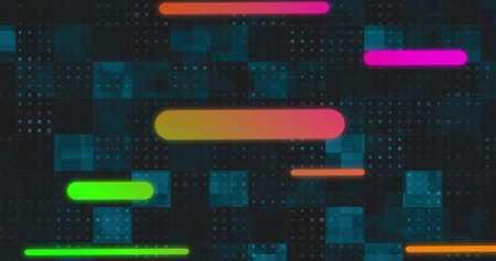 Glowing large yellow-pink gradient bar hovering centered on UI background, with neon bars and tiles....