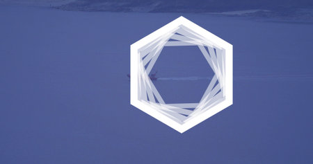 Overlaying white hexagon graphic centered on calm sea, figures wearing dark jackets operating boat....