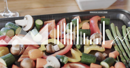 Featuring black tray with peppers, tomatoes, asparagus on wooden counter with data overlay....