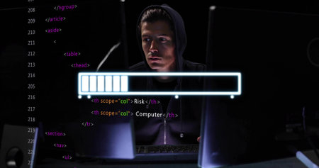 Monitoring coder wearing dark zipup hoodie with hood up in dark room, monitors and code overlay....