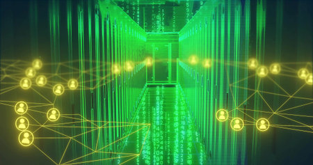 Streaming green code along central aisle of server racks in data center, yellow node icons linking....