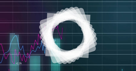On load geometric ring rotating and glowing while line graphs tracing trends to highlight growth....