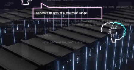 Displaying central server racks glowing in dark data center, with blue LED strips, neon-pink prompt....
