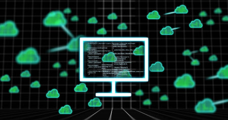 Displaying glowing monitor showing code and cloud icons on reflective grid, with connecting lines....