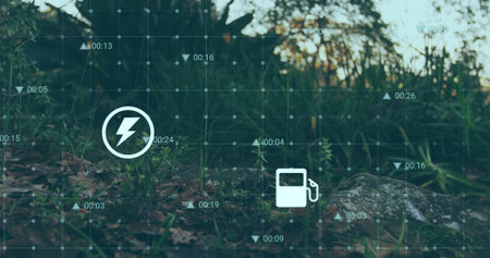 Showing forest floor with translucent grid with timestamps, lightning-bolt and fuel pump icons....