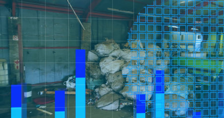 Displaying dense pile of burlap sacks stacked on pallets in warehouse bay, with AR charts. Bags,...