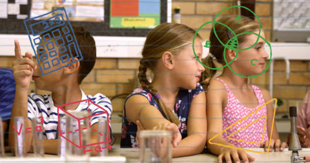 Children pointing, leaning, and observing at school science lab counter with glassware overlays....