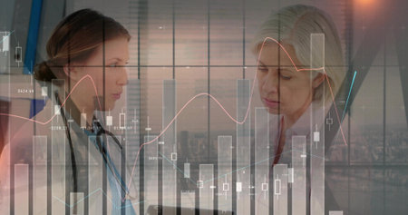 Analyzing female doctors reading overlaid charts at windows, wearing white lab coats, stethoscope....