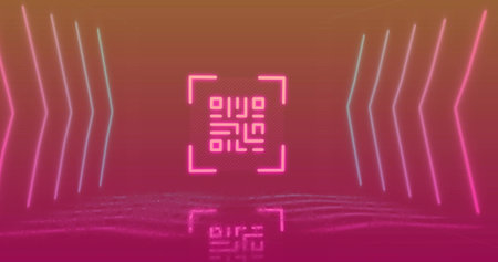 Glowing neon square frame with QR-like glyph emitting pink light in studio mirroring rippled floor....