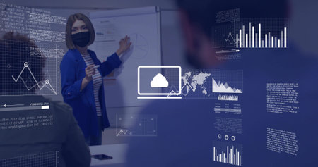 Leading masked woman in blue blazer pointing to flipchart in meeting room, marker, phone, overlays....