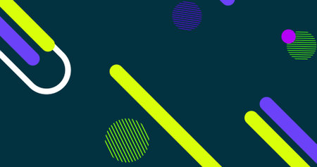 Showing geometric cluster across deep-teal canvas, neon-yellow bar purple bars white U magenta dot....