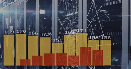 Translucent overlay receiving telemetry animating over data center updating bars line labels....