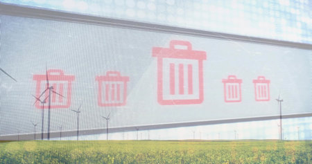 Displaying red trash-bin icons floating on translucent panel above yellow crop field, wind turbines....