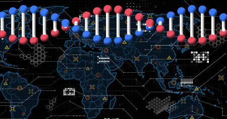 Displaying stylized DNA helix running across digital world map, with neon-blue outlines, black grid....