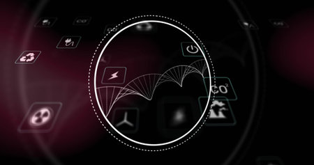 Displaying dotted circular overlay zooming wireframe arcs and icon tiles on black HUD, magenta glow....