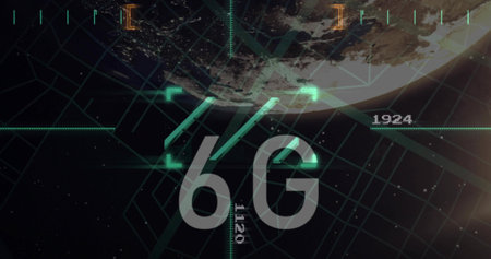 Projecting large translucent 6G element in space HUD, showing neon teal grid, partial planet....