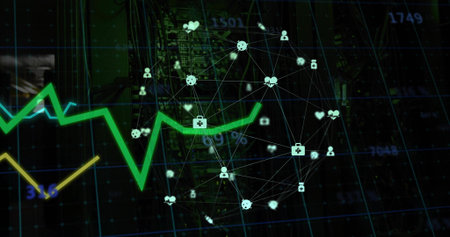 Displaying green zigzag line and node network tracking metrics on dark dashboard, with yellow trend....