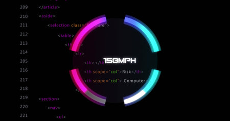 Displaying neon segmented gauge glowing on dark UI mockup, showing 150MPH label, HTML code...