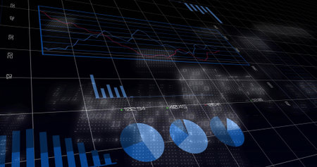 Displaying 3D data visuals across dark grid, showing line panel, pie charts, bars, labels....