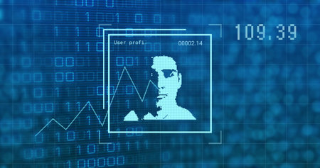 Binary data stream flowing into profile pane, pixel avatar updating biometric data for security....