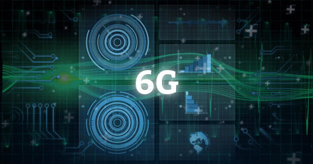 Displaying white 6G label floating over virtual interface, with green waveform and concentric radar....