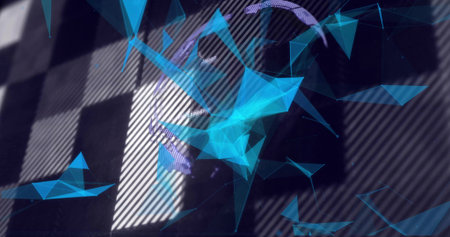 Floating cyan triangular mesh cluster hovering in studio, with checkerboard and purple ribbon. Neon,...