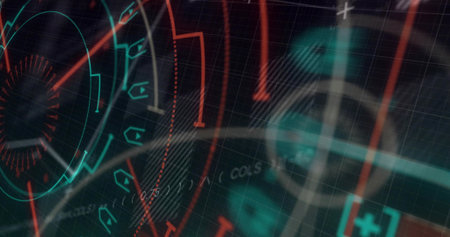 Displaying holographic HUD in virtual interface, showing concentric dial, crosshair, red waveform....