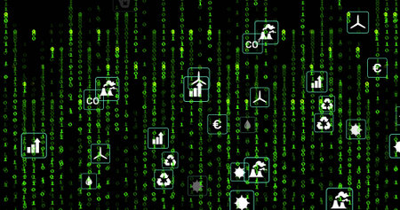 Showing matrix linking green binary digits with floating eco finance icons in abstract scene, CO2....