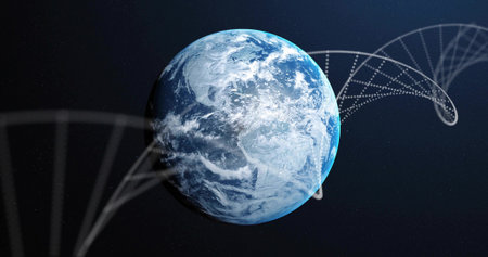 Showing textured planet Earth rotating slowly in outer space, with helix, dotted path, starfield....