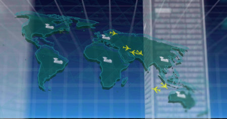 Vertical video: Updating map on blue grid tracking cargo with yellow planes, factories, data panel....