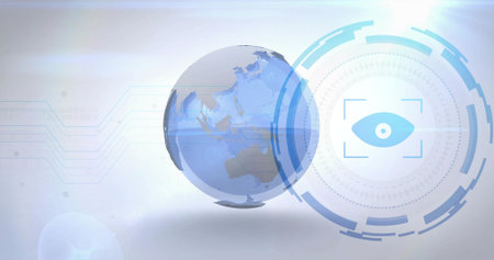 Floating clear 3D globe and circular HUD occupying center of digital canvas, with circuit lines....