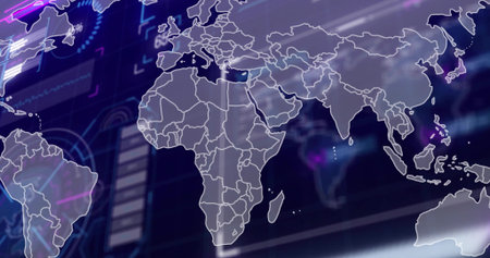 Showing faint map overlay centering on Africa Europe Asia on dark HUD, with border outlines. Neon,...