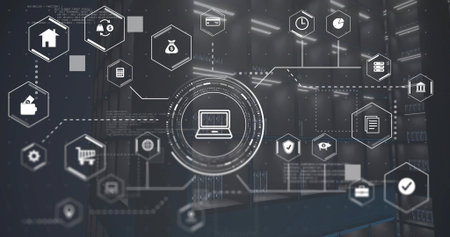 Projecting central circular HUD containing laptop icon in data center, linking hex icons and racks....