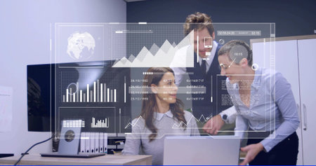 Analyzing seated woman at laptop wearing business attire in modern office, HUD across desk....