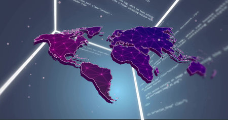 Displaying stylized world map pulsing with network nodes and neon outlines in virtual 3D data hub....