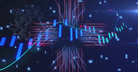 Animating central blue candlestick bars rising on dark digital display, with turquoise trend line....