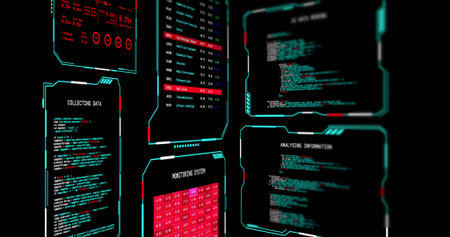 Displaying cyan HUD panels floating in virtual console, showing code, tables, charts, indicators....