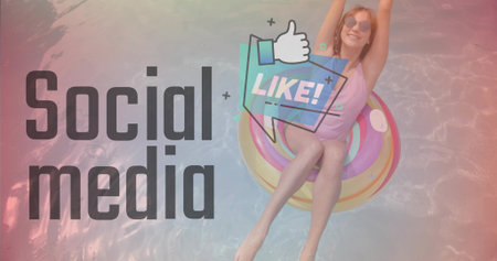 Vertical video: Sun urging lady pink suit raising arms on tube in pool for Social media, copy space....