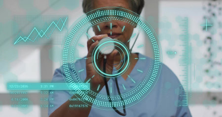 Holding stethoscope, doctor in light blue scrubs viewing AR HUD with line graph in exam room....