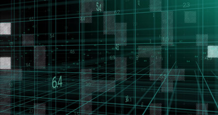 Rendering teal wireframe 3D data grid in virtual space, showing floating cuboids and numeric labels....