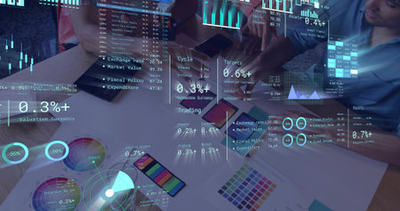 Reviewing team in business-casual analyzing charts and swatches at office with devices, AR overlays....